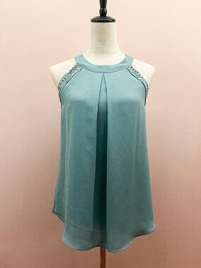 BCX Sleeveless Halter Blouse Top Aqua Teal M Dressy Casual Boho Lagenlook Party